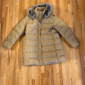 Lands' End Women's Beige Puffer Coat with Faux Fur Hood